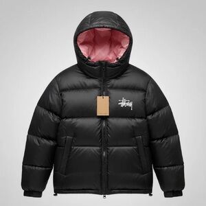 Stussy Kids Puffer Jacket in Black with Pink Interior